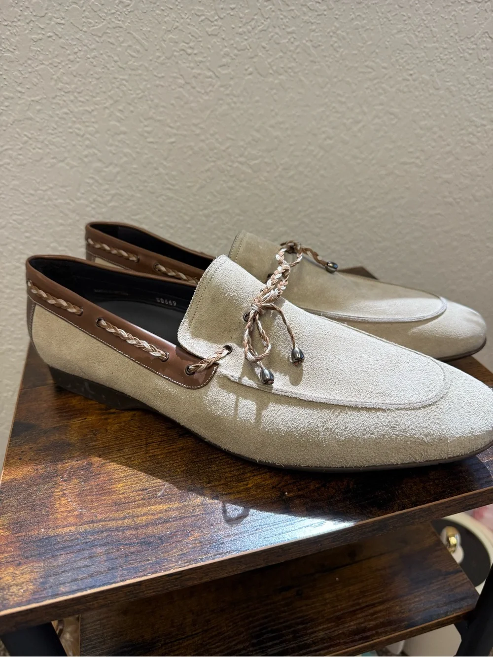 Mezlan 1968 Men's Suede Loafers in Beige with Brown Trim 13